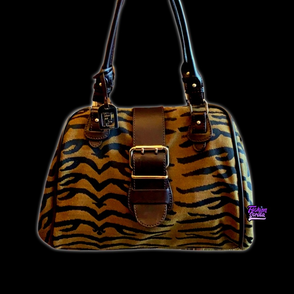 Fendi Vintage 2000s Animal Print Y2K Festival Monogram Brown Black Logo HandBag